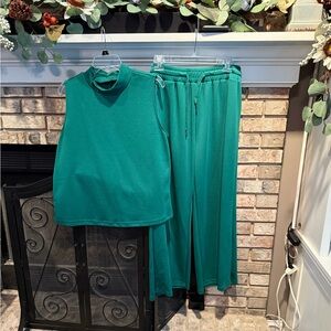 2pc knit sleeveless mock neck top, wide leg pants, green, size XLarge, EUC